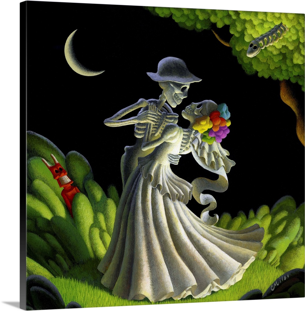 Whimsical painting of two skeletons dancing in a moonlit landscape.