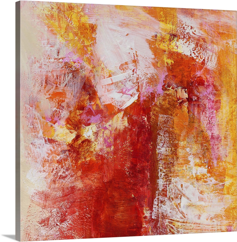 A square abstract painting of textured brush strokes in color tones of yellow, red, orange and pink.