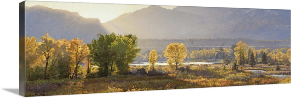 A contemporary landscape painting of a mountain scene at sunset.
