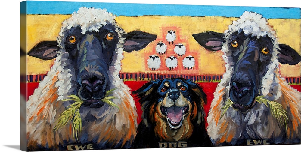 Thick brush strokes create a humorous scene of two sheep and a smiling dog.
