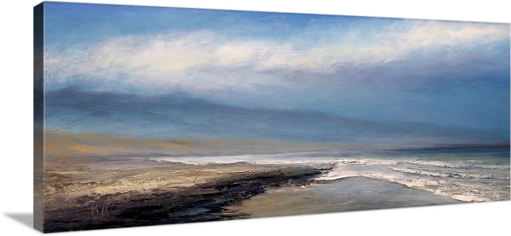 Abstract beachscape painted in muted blues and browns.