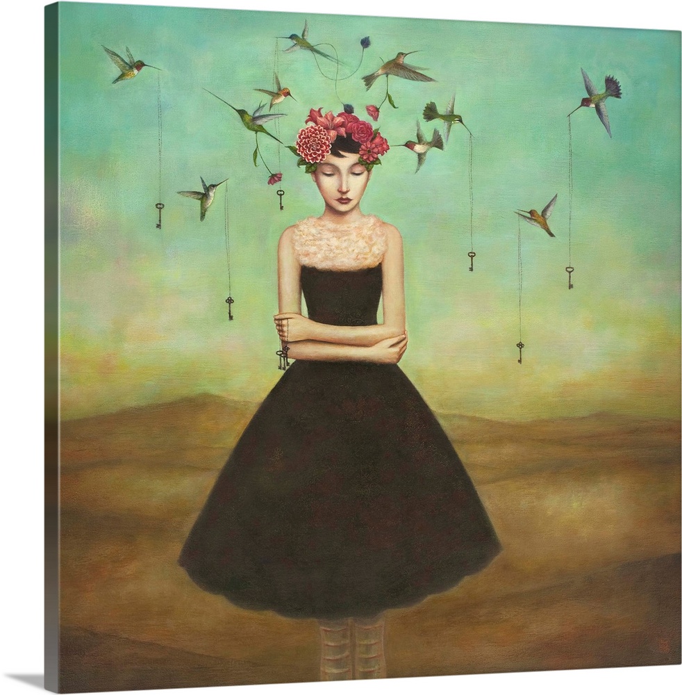 Contemporary surreal artwork of a woman with a flower crown and small birds circling her.