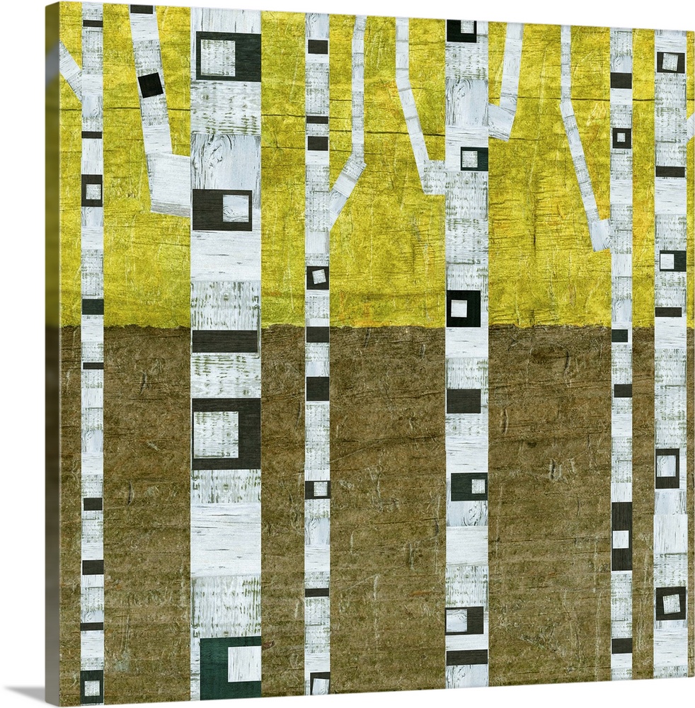 Stylized painting of a forest of white and black birch trees.