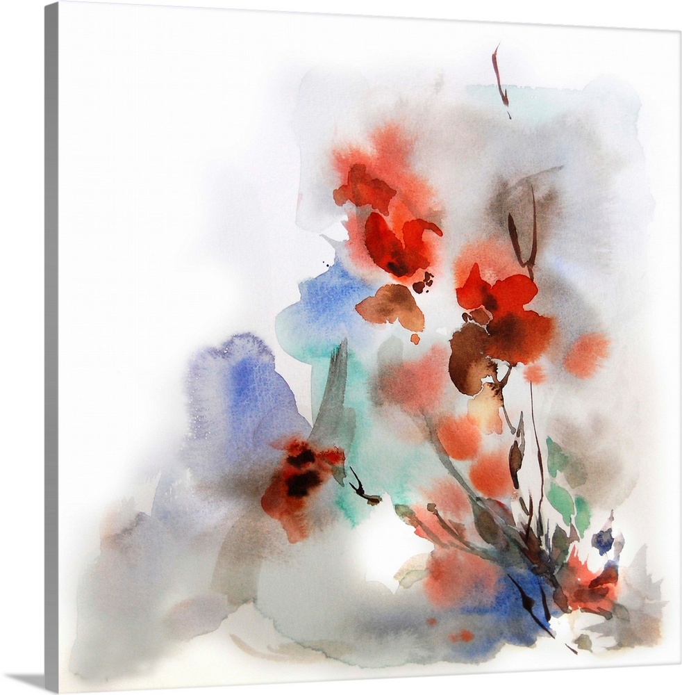 A contemporary watercolor painting of flowers against a white background.