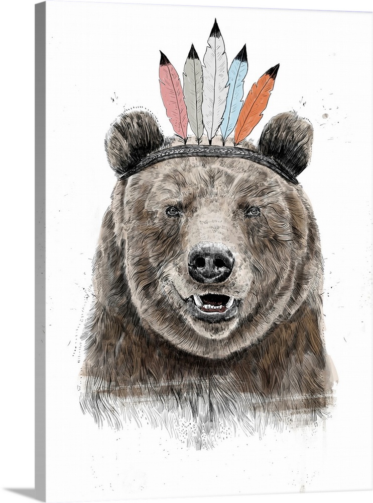 Digital illustration of a bear wearing a feathered headdress.