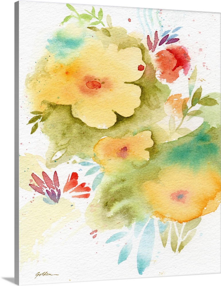 Contemporary watercolor painting of yellow flowers.