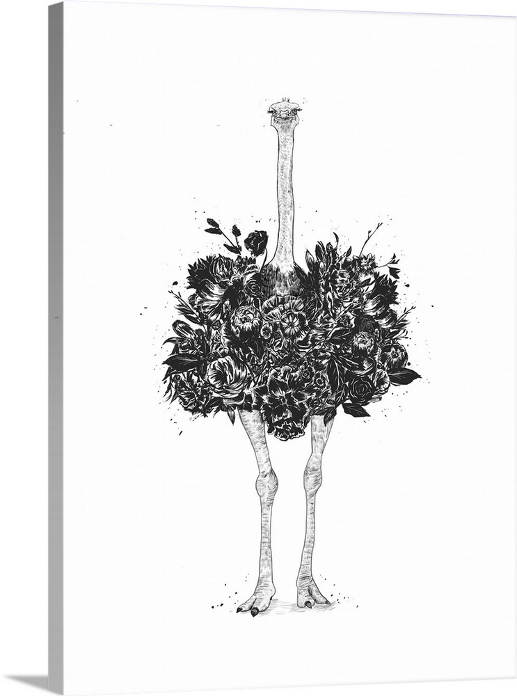 Digital illustration of an ostrich whose body is composed of flowers.