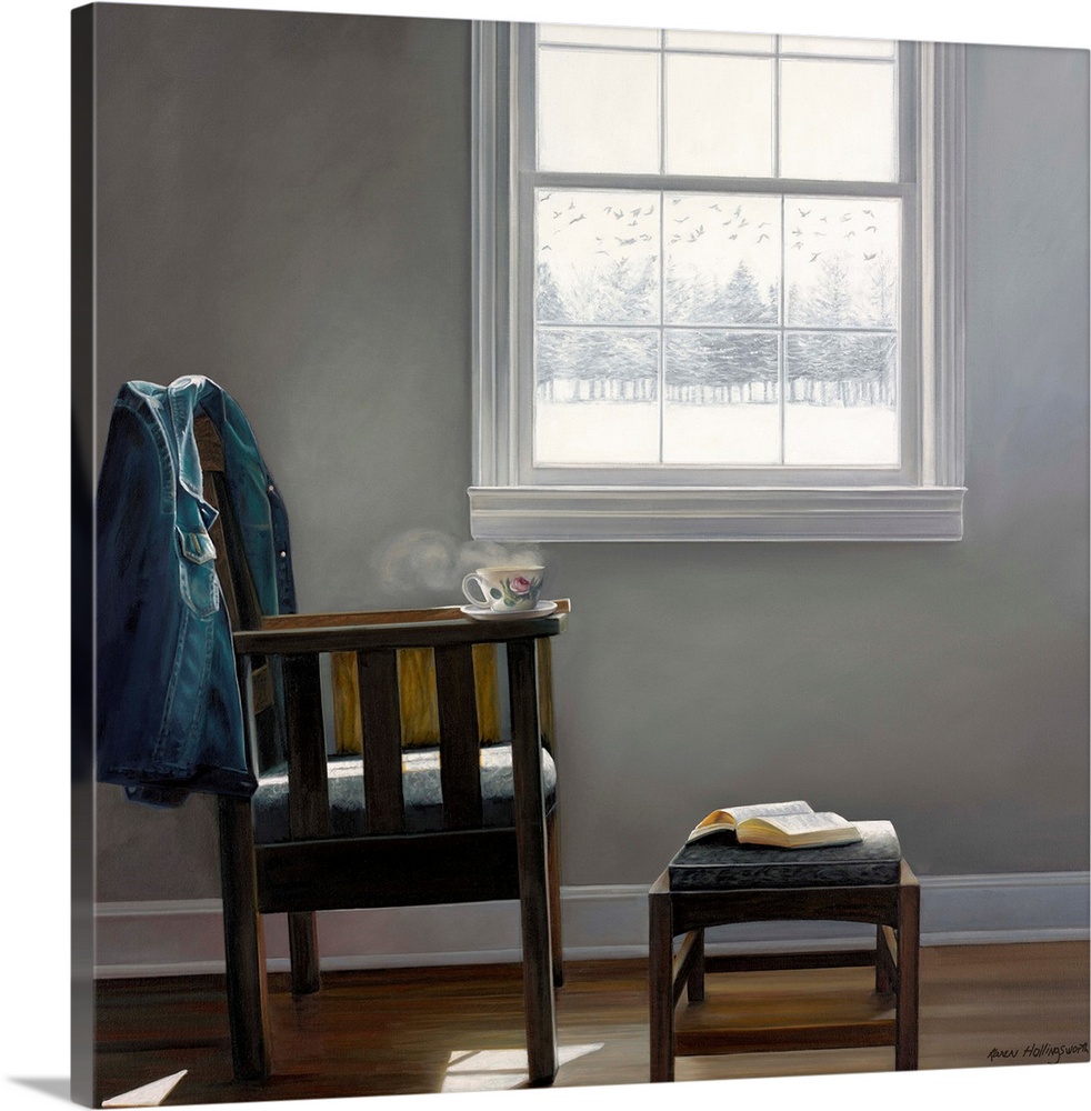 Contemporary still life painting of a coat on a chair next to an open window with a snowy landscape outside.