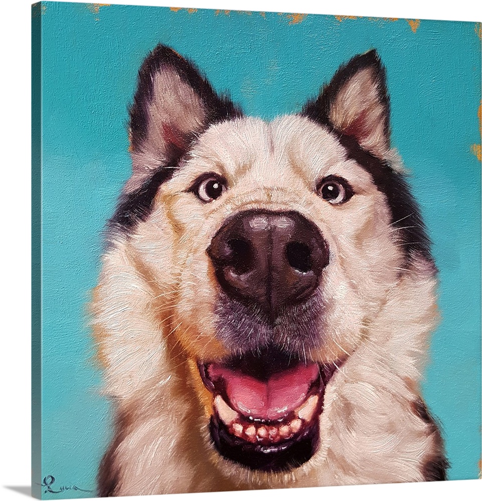 A contemporary painting of a Siberian Husky against a blue backdrop.