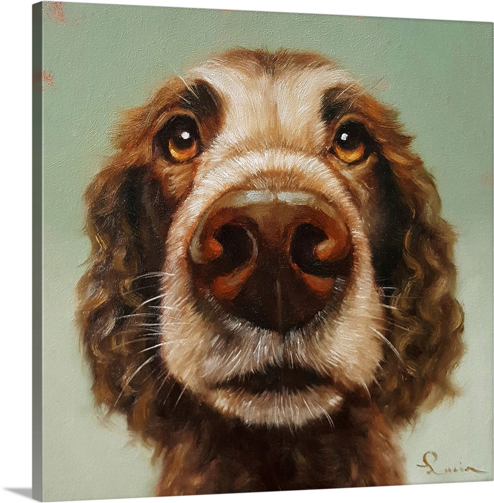 A contemporary painting of a cocker spaniel against a green backdrop.