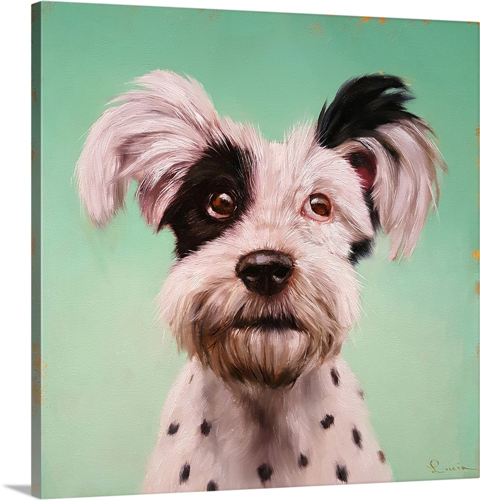 A contemporary painting of a terrier against a green backdrop.