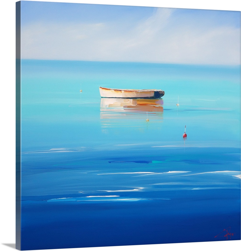 Contemporary painting of a lone boat in the deep blue ocean.