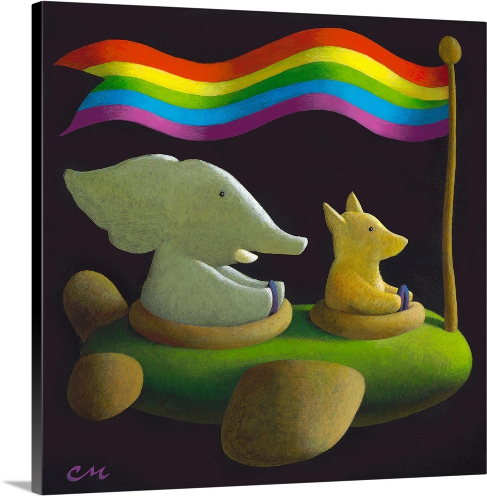 Contemporary painting of a a dog and an elephant flying an airplane with a rainbow flag overhead.