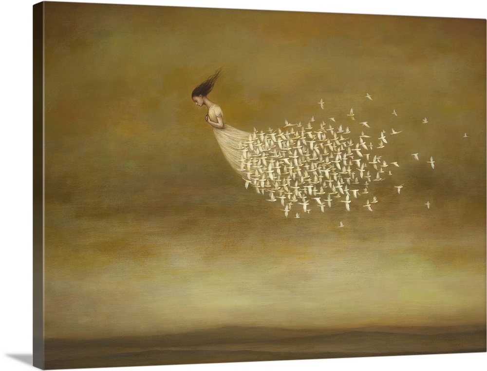 A contemporary surrealist painting of a woman flying through the air with her white dress falling to pieces away from her.
