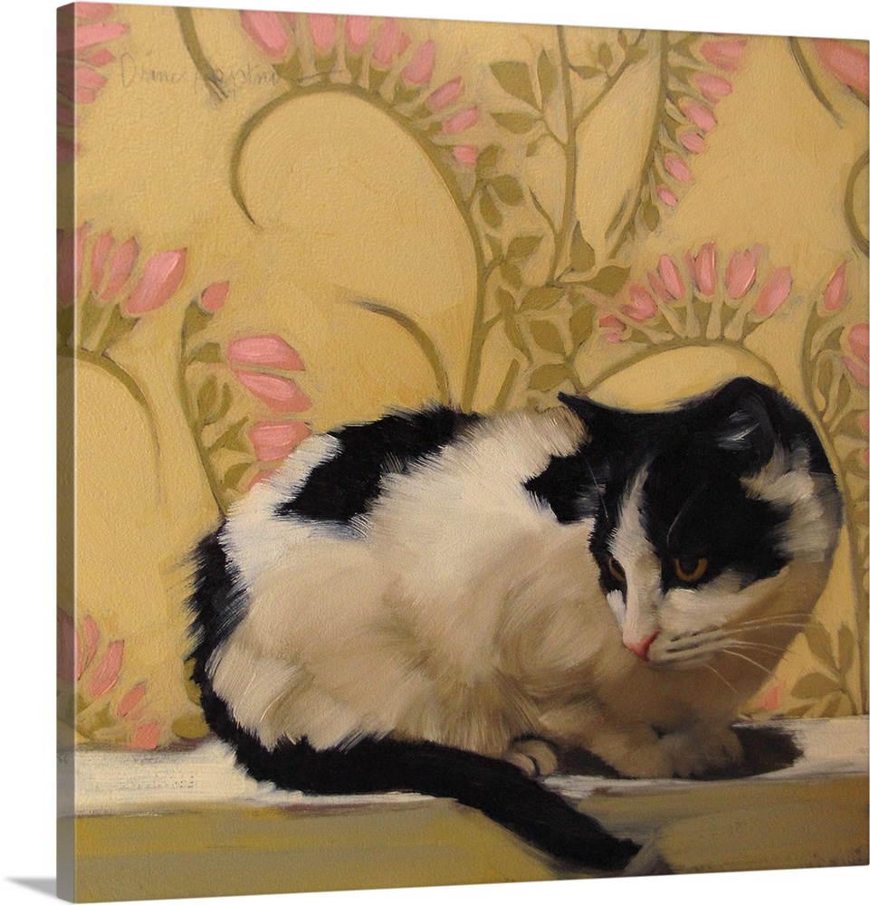 Contemporary painting of a black and white cat lying near a wall with yellow floral wallpaper.