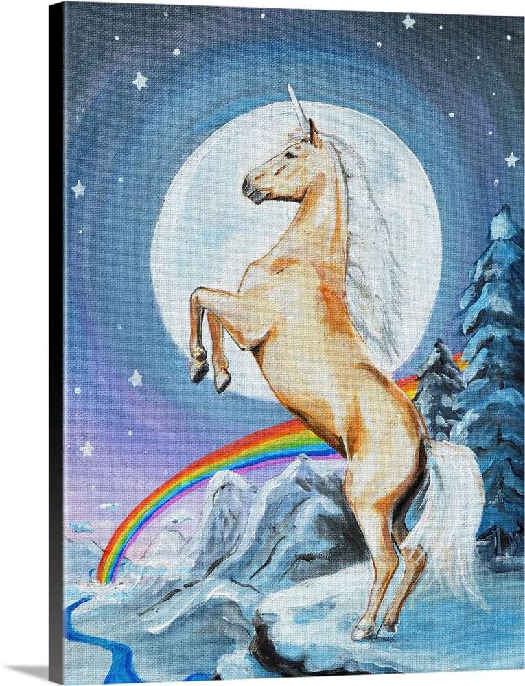 Whimsical painting of a unicorn in a mountainous snowscape with a rainbow in the background.