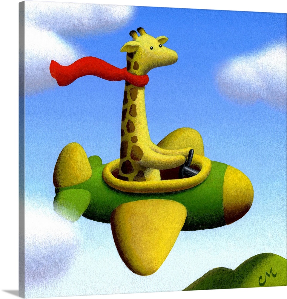Painting of a giraffe wearing a scarf and flying an airplane.