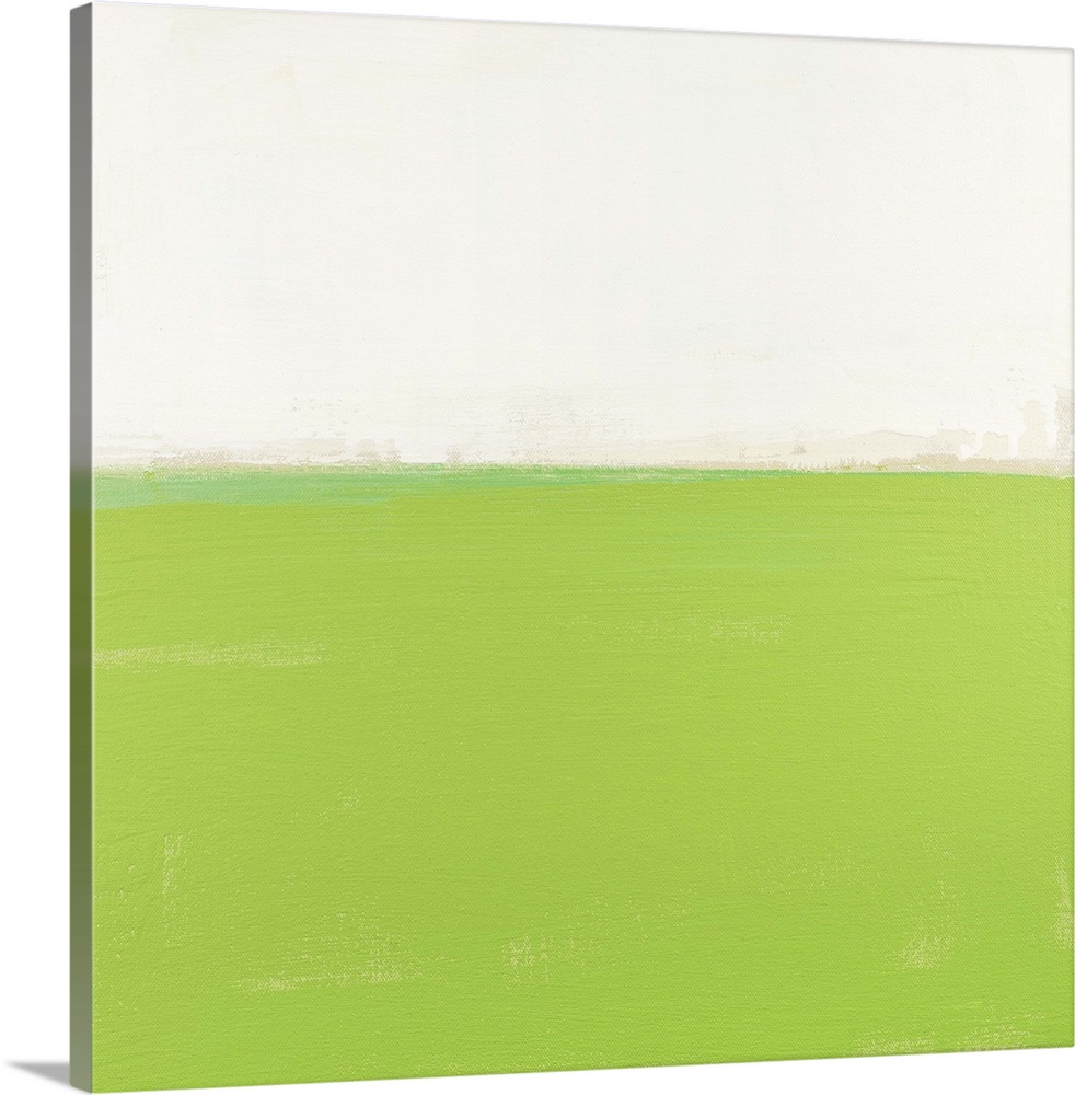 Contemporary abstract colorfield painting using light green and white in a distressed style.