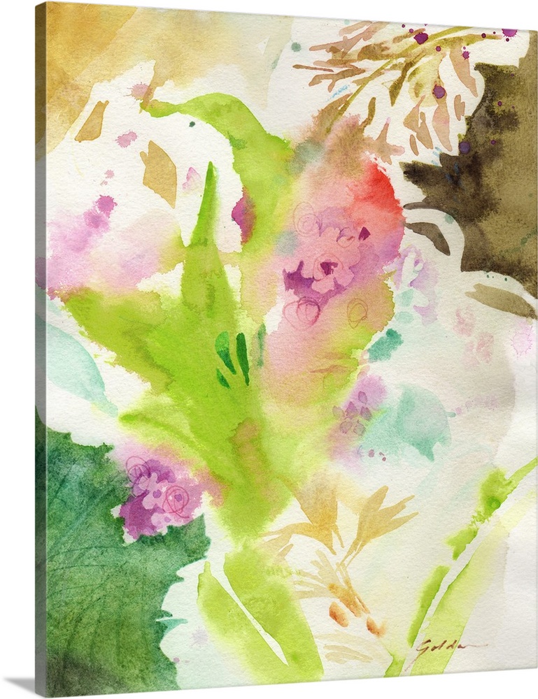 A vertical watercolor painting of abstract leaves.
