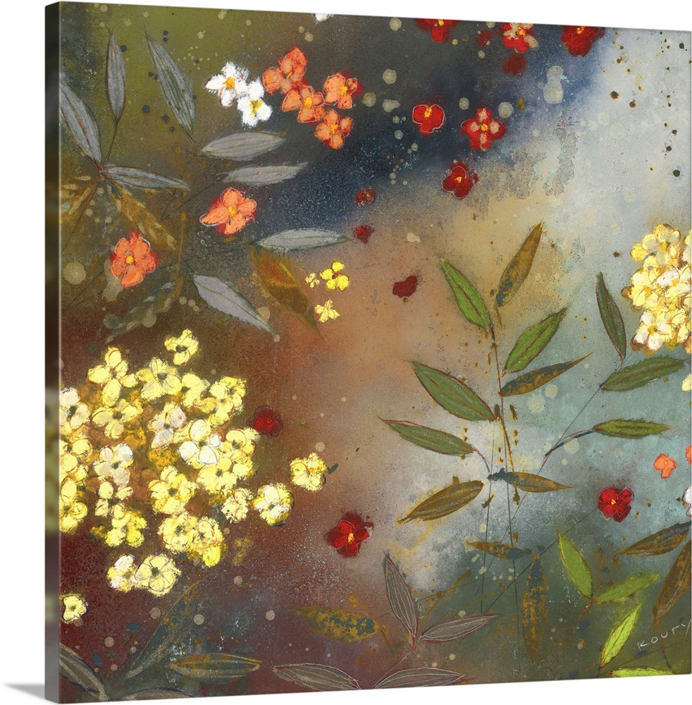 Contemporary painting of garden flowers in yellow red and orange.