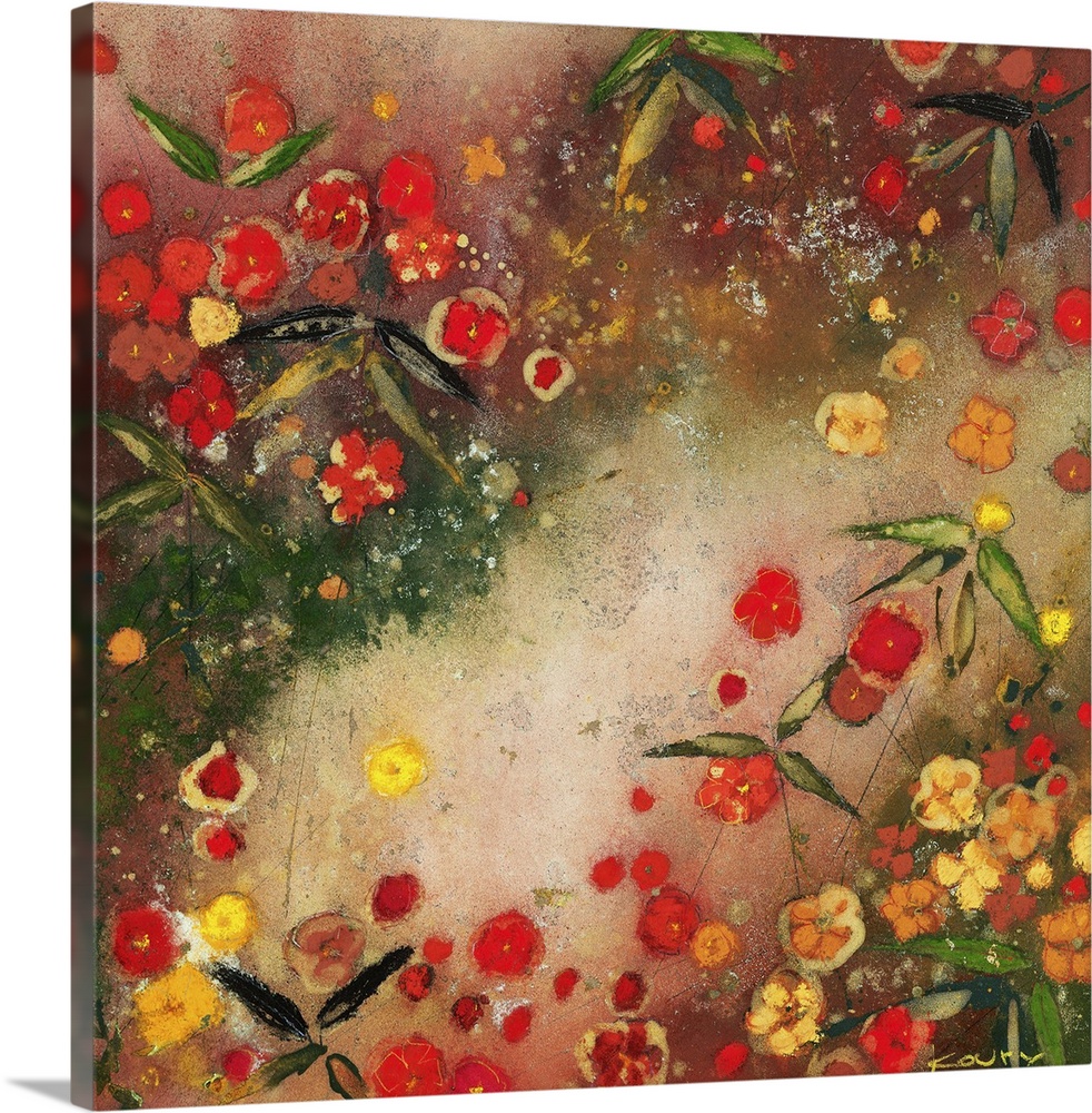 Contemporary painting of vibrant red flowers mixed with bright yellow flowers.