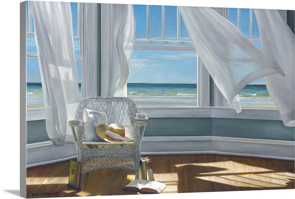 Contemporary still life painting of books and a hat on a chair next to an open window with a white curtain and the beach o...