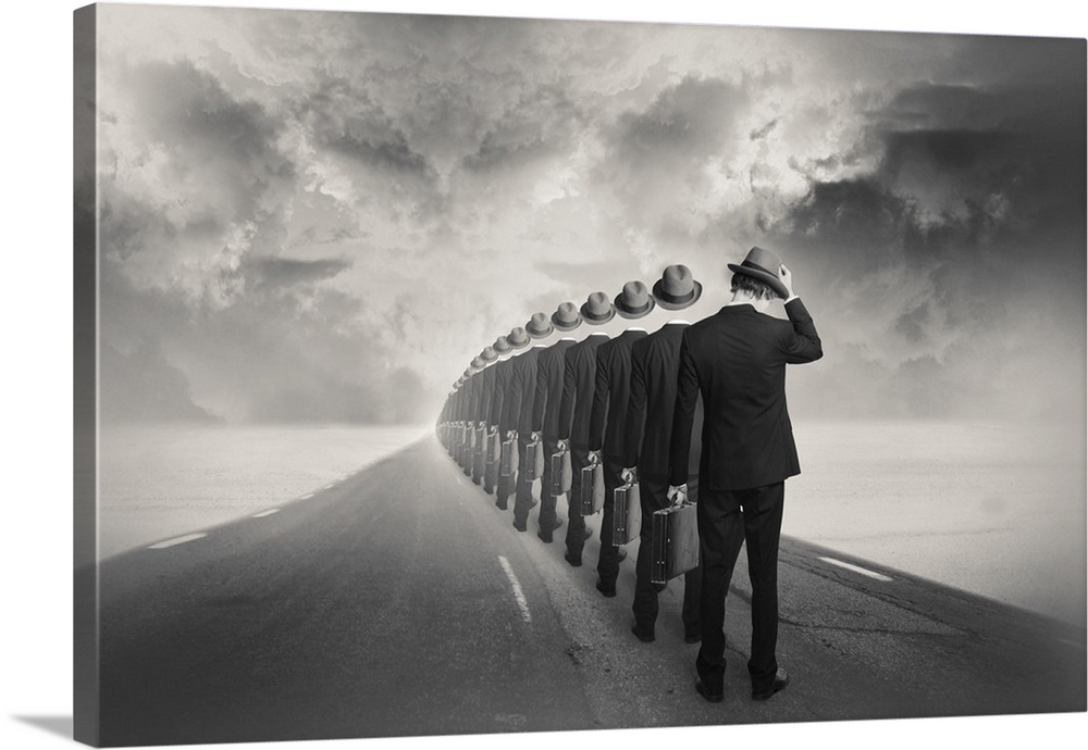 An abstract art photograph of a man in a suit standing behind a row of hollow suits in a row. Standing on an empty road.