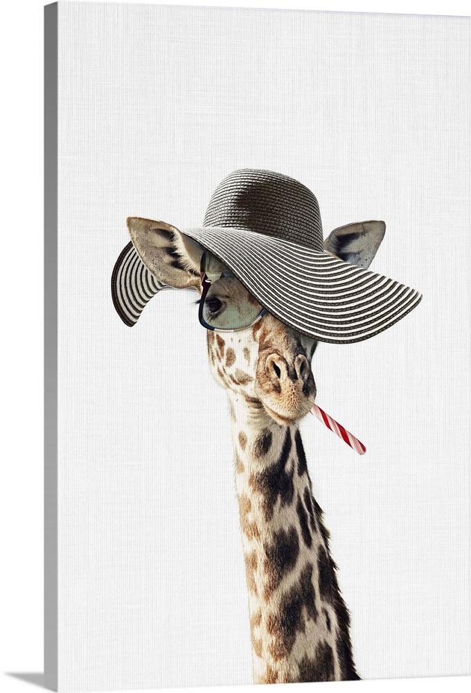 A creative digital illustration of a Giraffe Dressed in a Hat.