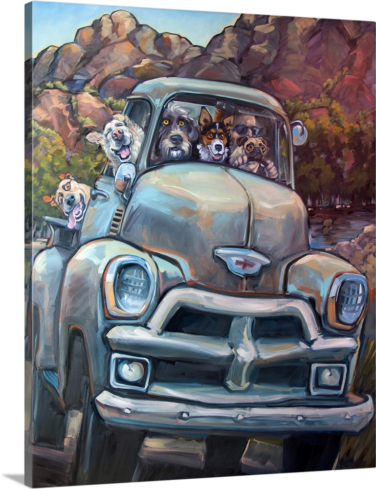 Thick brush strokes create a humorous scene of a dogs riding in a truck on a country road.
