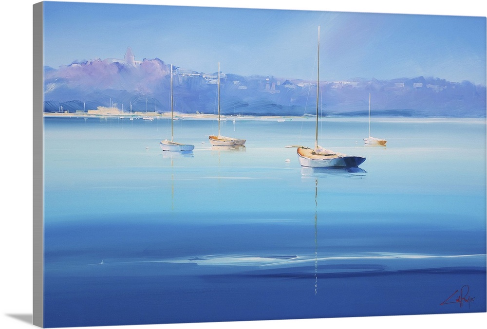 Contemporary artwork of sailboats on deep blue water off the Italian coast.