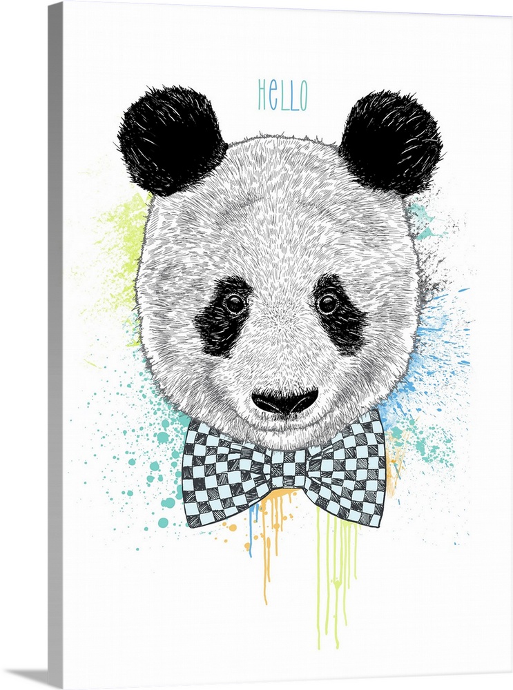 A digital illustration of a panda with a bow tie against splashes of color and "Hello" above.