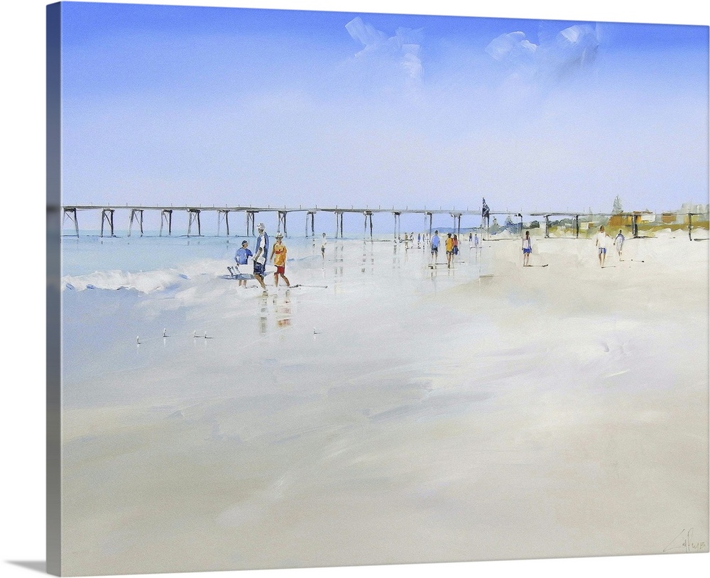 Painting of people walking on a sandy beach with a pier in the distance.