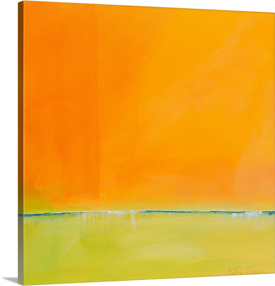 Contemporary abstract painting in bright orange and yellow-green.