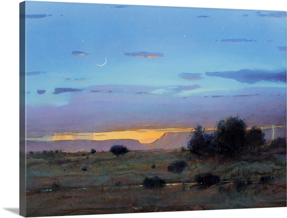 A contemporary painting of a southwestern landscape under a blue stormy sky.