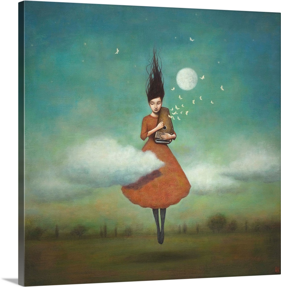 A contemporary surrealist paining of a woman with dark hair and pale red dress holding an instrument levitating off the gr...