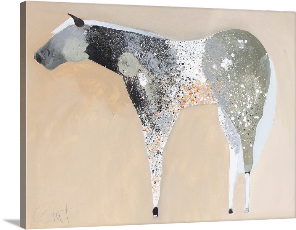 A contemporary painting of a gray horse against a neutral background.