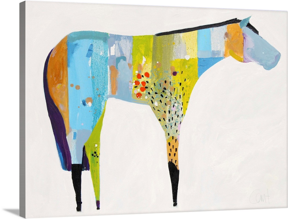 A contemporary painting of a multi-colored horse against a white background.