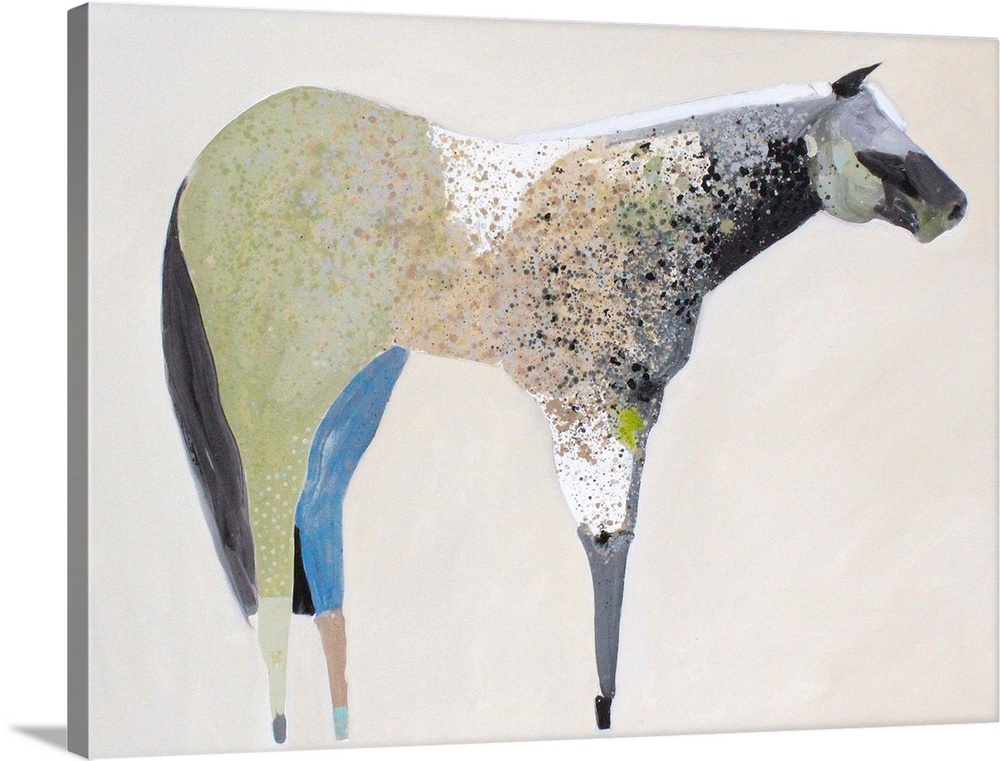 A contemporary painting of a multi-colored horse against a neutral background.