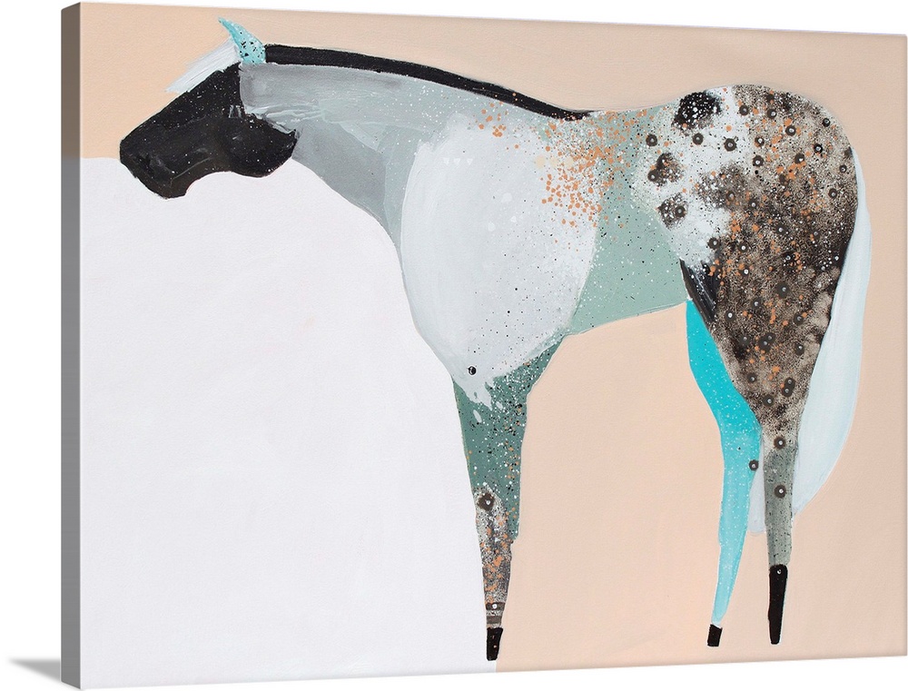 A contemporary painting of a multi-colored horse against a neutral background.