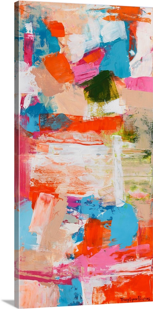 A contemporary abstract painting of intense shades of of orange, pink, and tan.