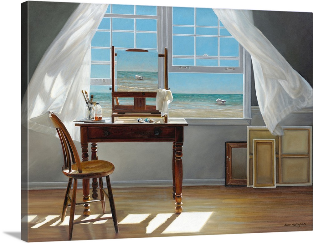 Contemporary still life painting of a chair and a writing desk next to an open window with a white curtain and the beach o...
