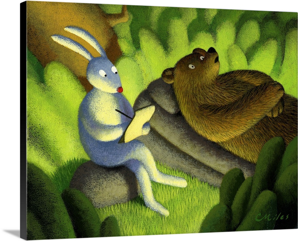 Humorous painting of a rabbit providing therapy to a bear.