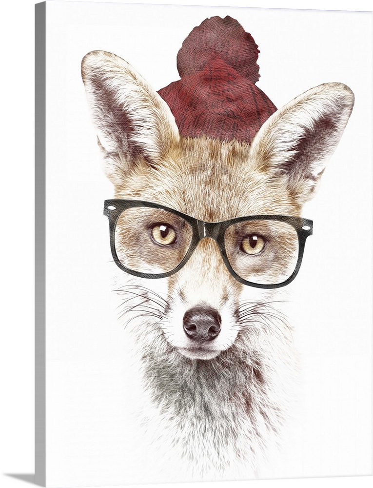 Contemporary artwork of a fox wearing dark rim glasses and a red winter hat.