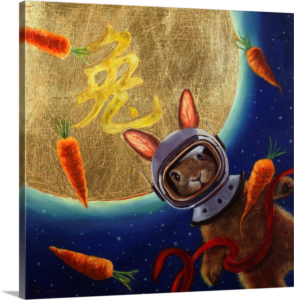 A painting of a rabbit with an astronaut helmet floating in space with carrots.