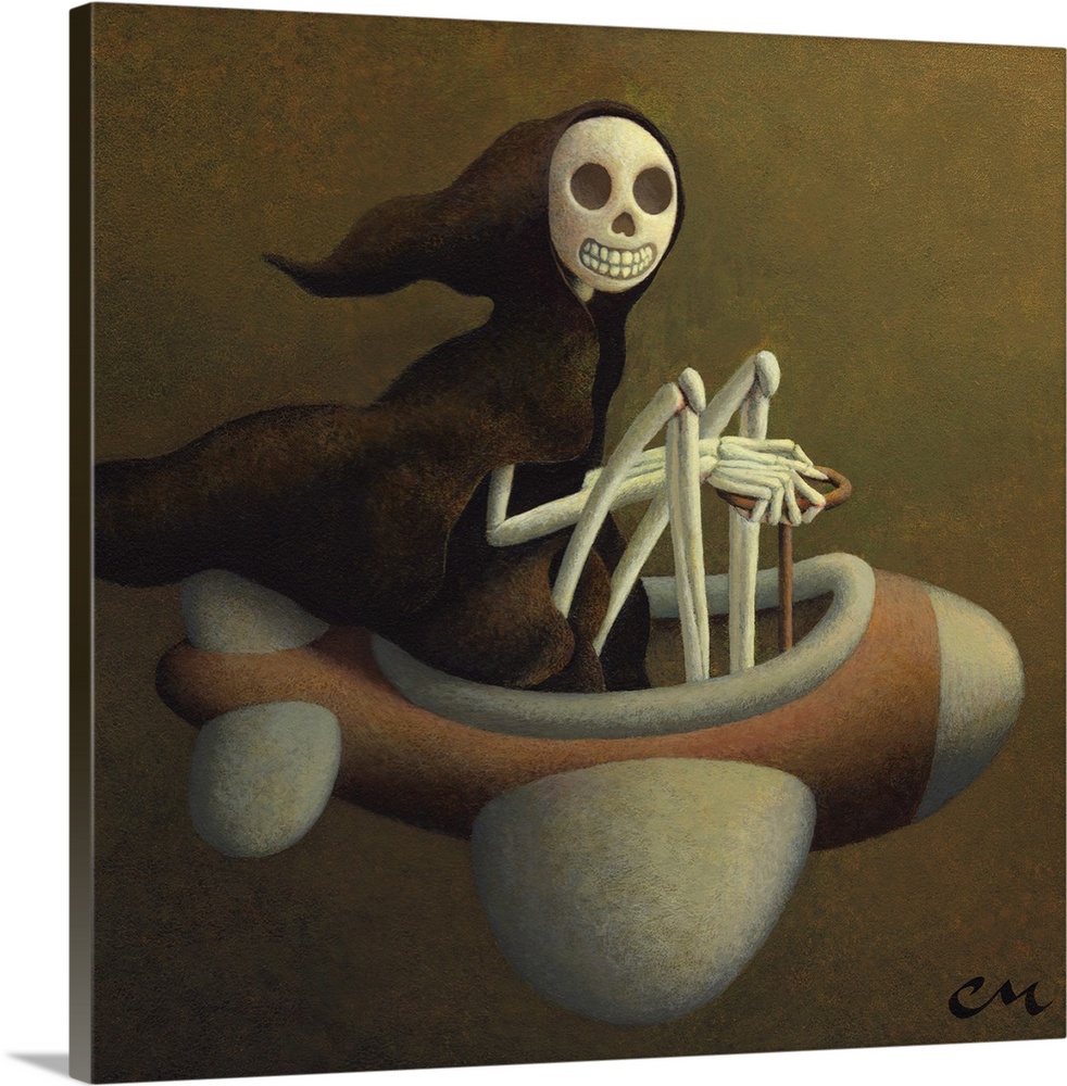 Humorous painting of a skeleton taking a joy ride on an airplane.