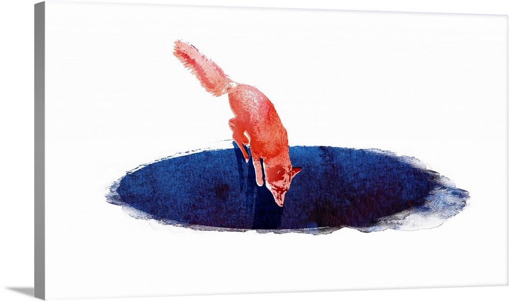Contemporary artwork featuring a red fox leaping into a blue hole.