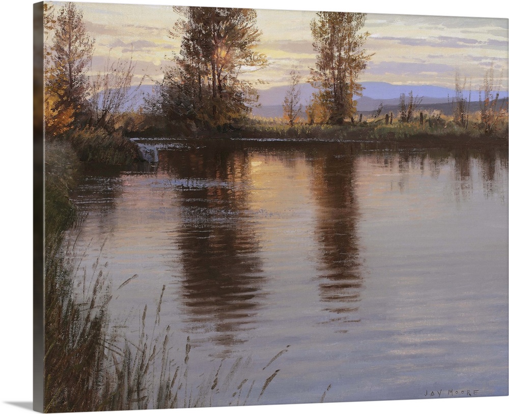 A contemporary landscape painting of a lake at sunset reflecting the surrounding trees