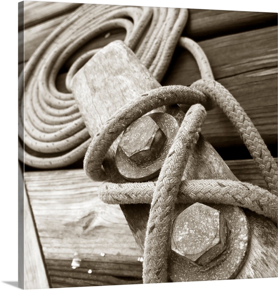 Detail of rigging of old sail ship in monochrome.