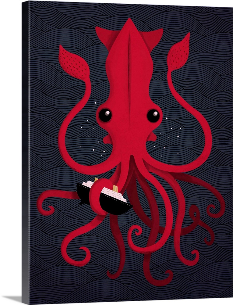 A digital illustration of a ship that has been captured by a large red Kraken.
