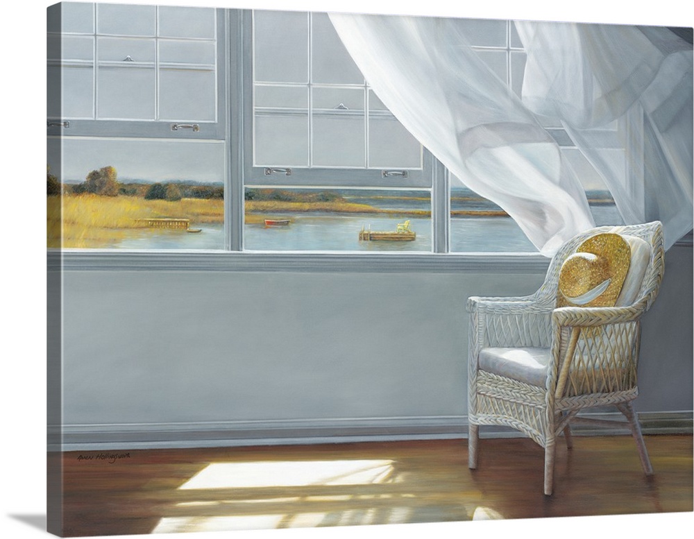 Contemporary still life painting of a hat on a chair next to an open window with a white curtain and the lake outside.